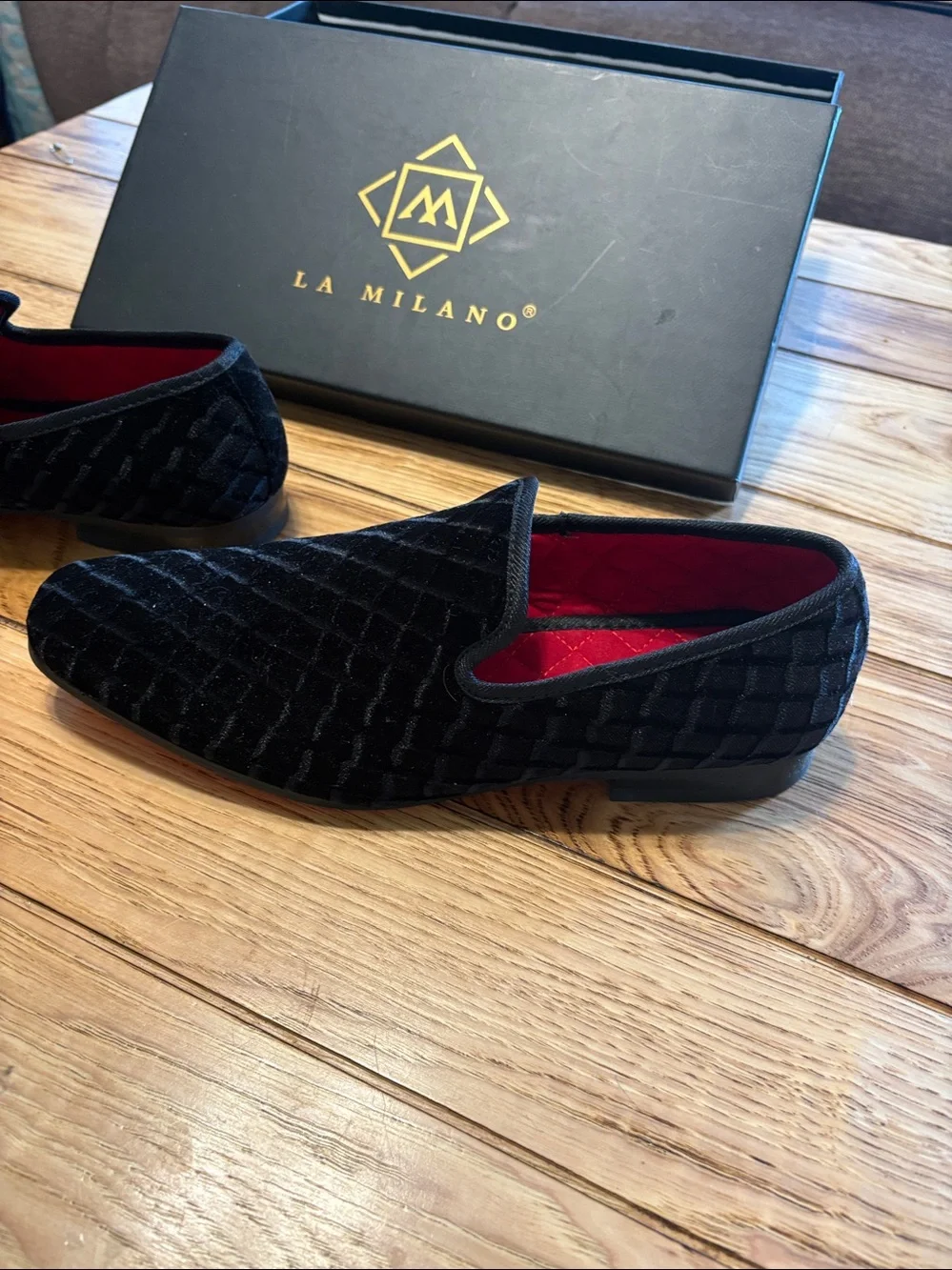 Milano Black Velvet Slip-On Loafers with Red Quilted Lining